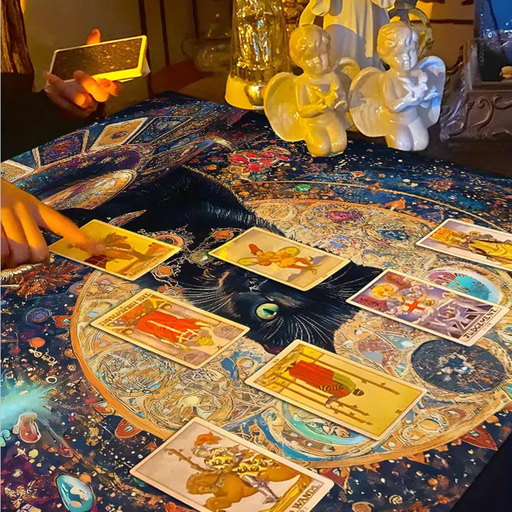 Colorful Mandala Black Cat Altar Cloth Tarot Tablecloth Witchcraft Cat & Moon Starry Sky Divination Cloth Tarot Mat Home Decor