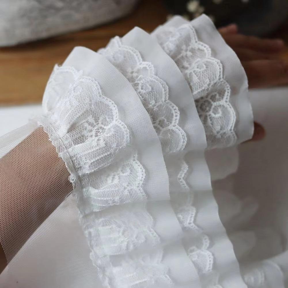 13cm Wide Chiffon Mesh Fabric 3D Pleated Three Layers Chiffon Lace Edge Embroidered Tulle Lace Fabric