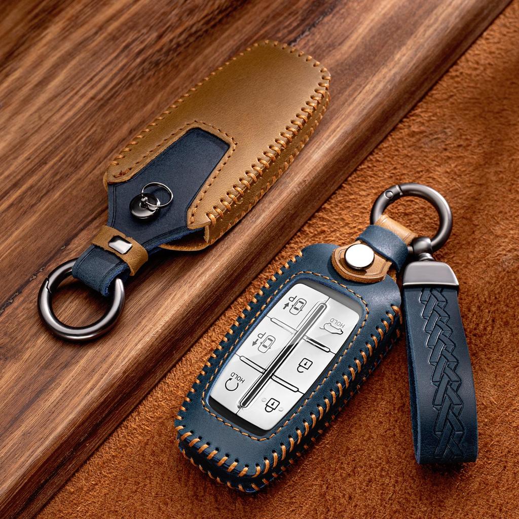 For Hyundai Genesis Crazy Horse Leather Car Key Cover Case G80 GV70 GV80 2019 2020 Remote Key Holder Car Accessories Keychain