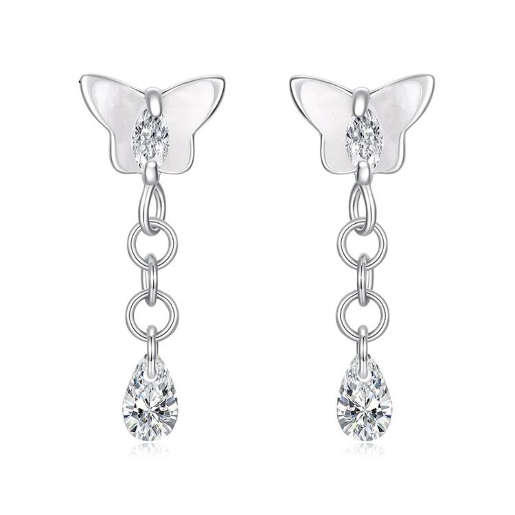S925 Silver Earring Studs With White Gold Plated Copper Butterfly Teardrop Tassel Earrings