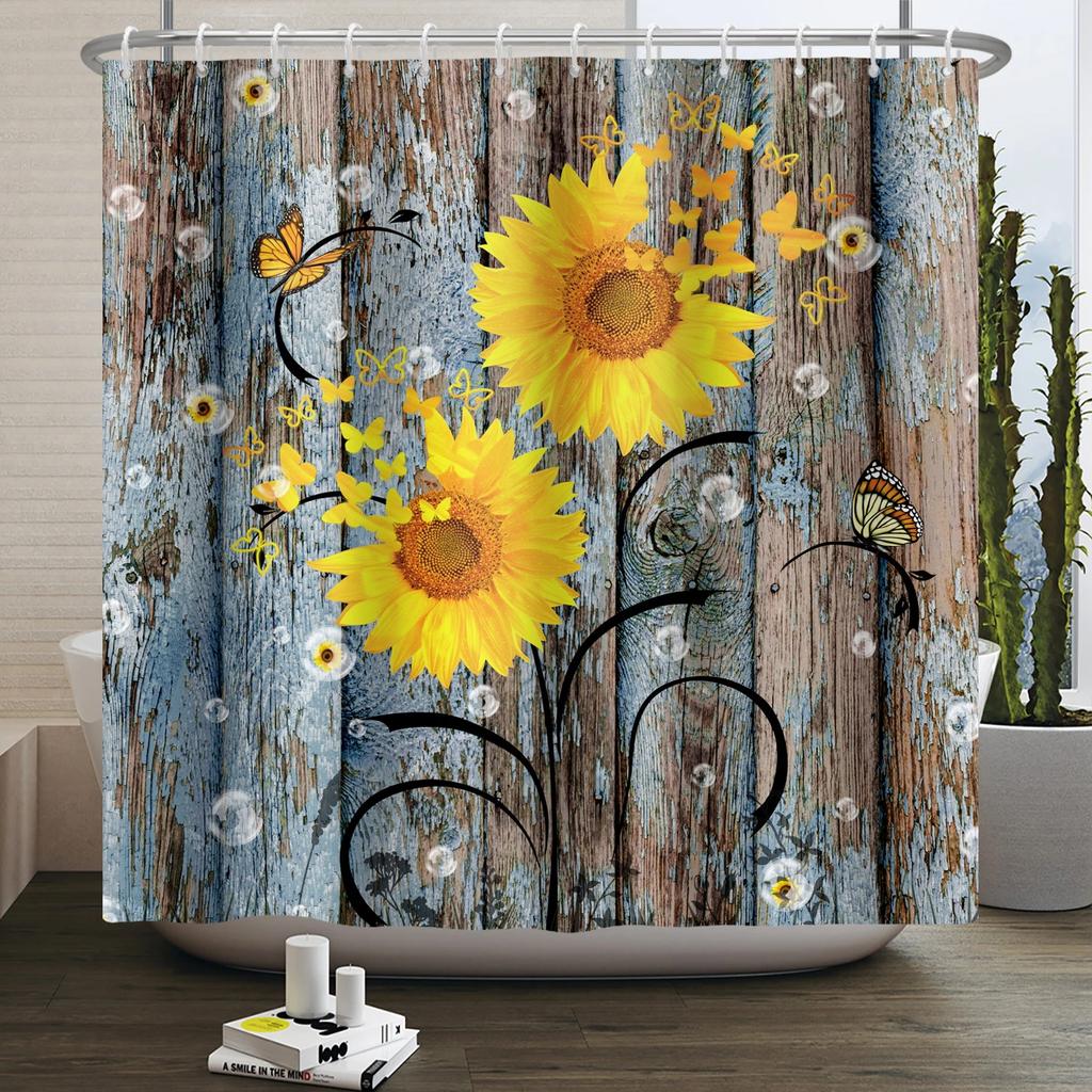 Rustic Sunflower Daisy Shower Curtain Butterfly Floral Vintage Country Farmhouse Flower Wooden Board Waterproof Bathroom Curtain