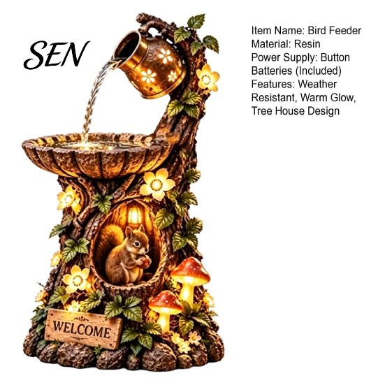 Illuminated Garden Statue Decoration Tree House Fountain Bird Feeder, Lighted Resin Birdbath, Feeder with Sturdy for Small Birds LED Lights,