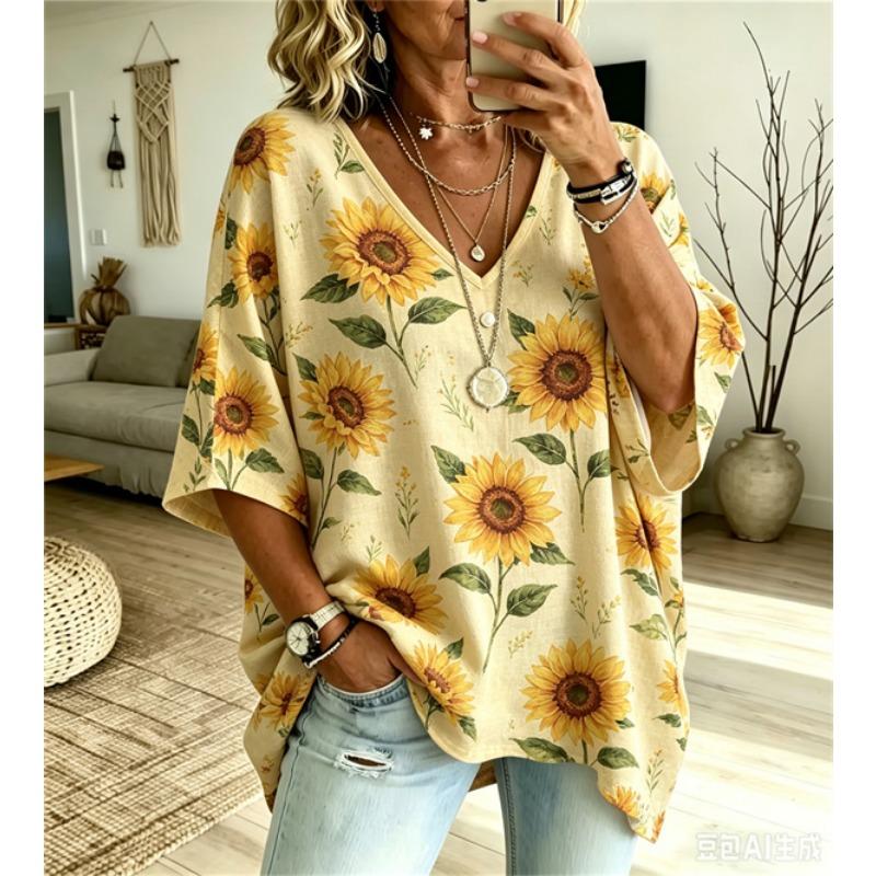 Plus-Size Women's V-Neck Batwing Sleeve T-Shirt Bohemian Ethnic Print Loose Top Summer Comfortable Breathable Daily Commute Casual Slimming Style
