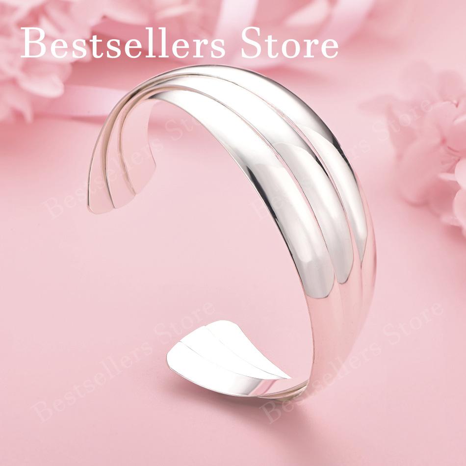 Charming 925 Sterling Silver Triple Layer Glossy Open Bracelet Women's Fashion Wedding Party Jewelry Accessories