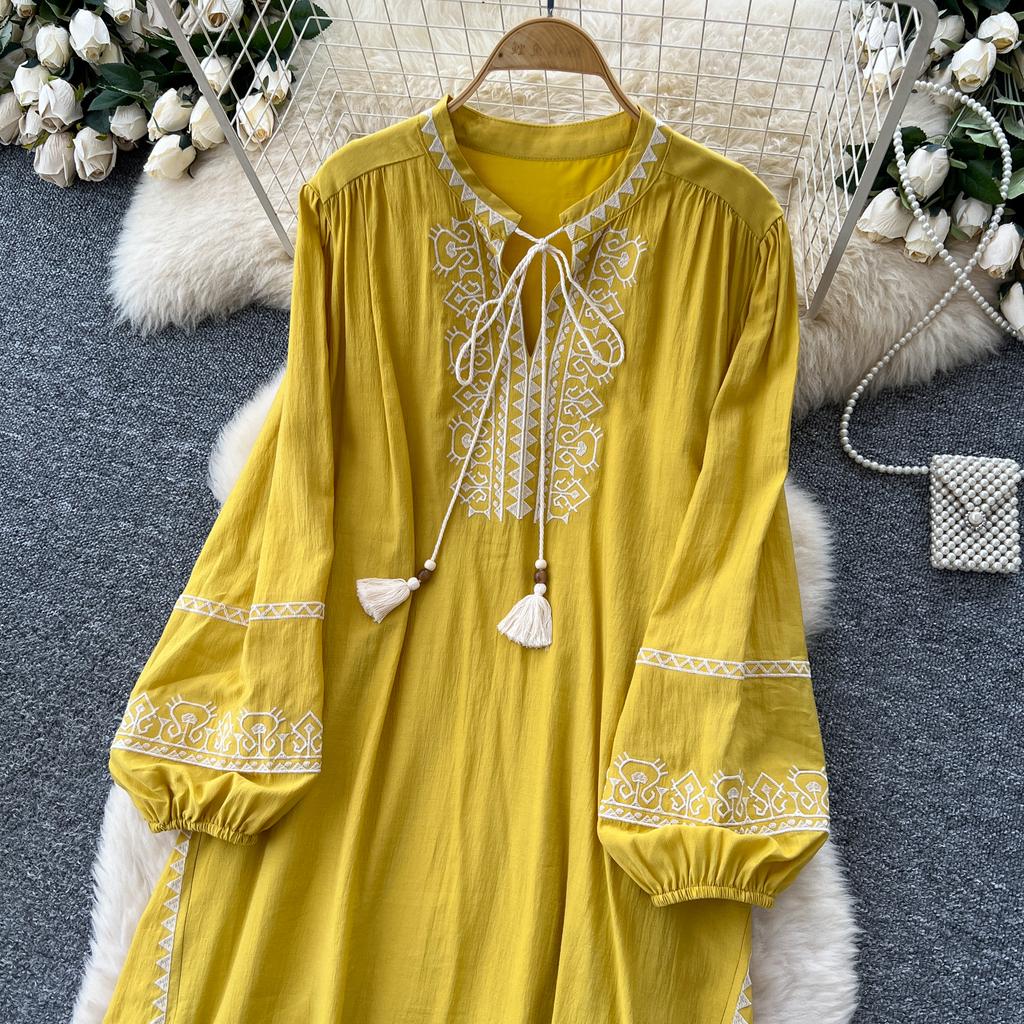 Schickes Vintage Langarm Locker Schlank Elegant Fee Koreanische Mode Boho Sommerkleid Damenbekleidung Langes Kleid