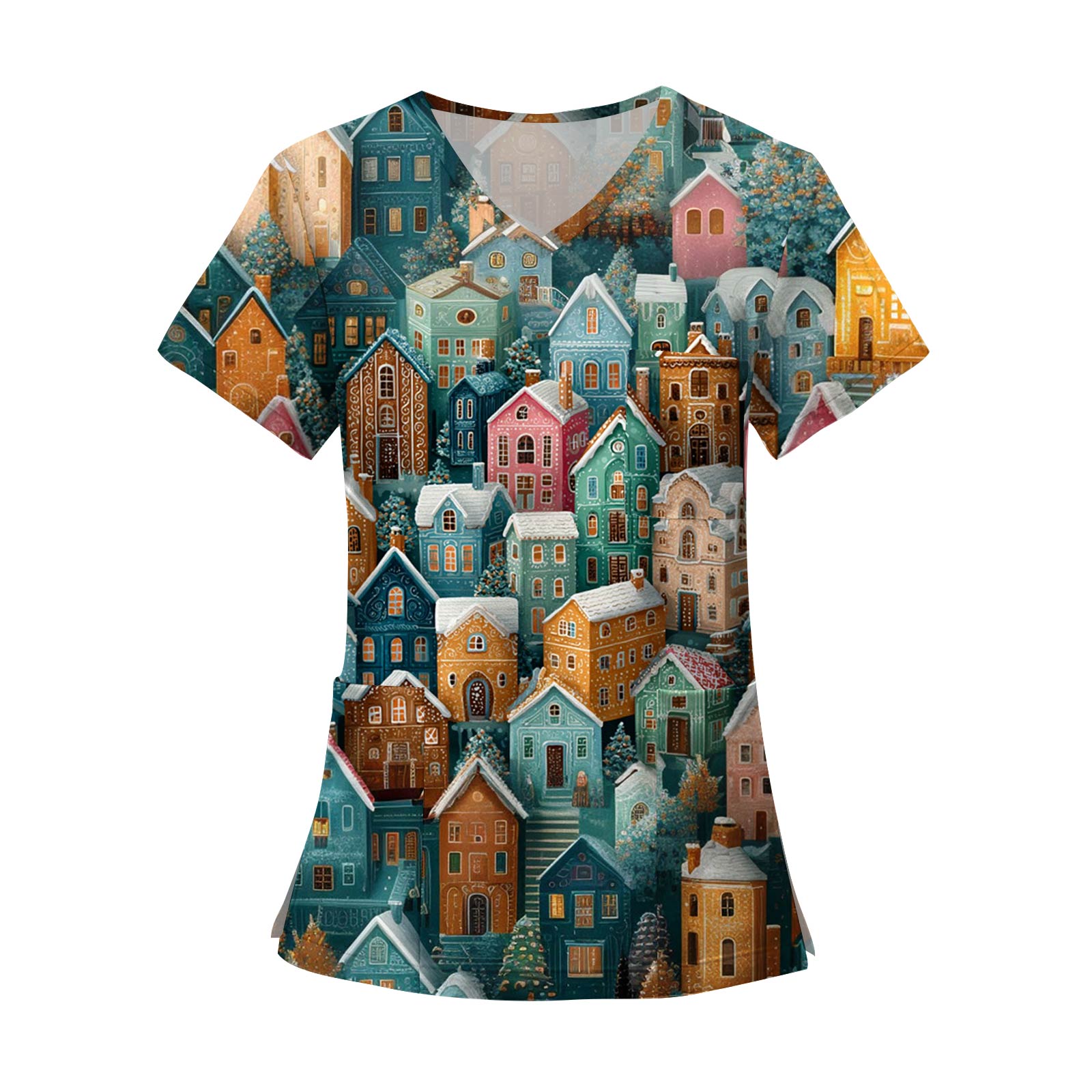 

Женские модные топы с короткими рукавами и V-образным вырезом с принтом, рабочие футболки с карманами S