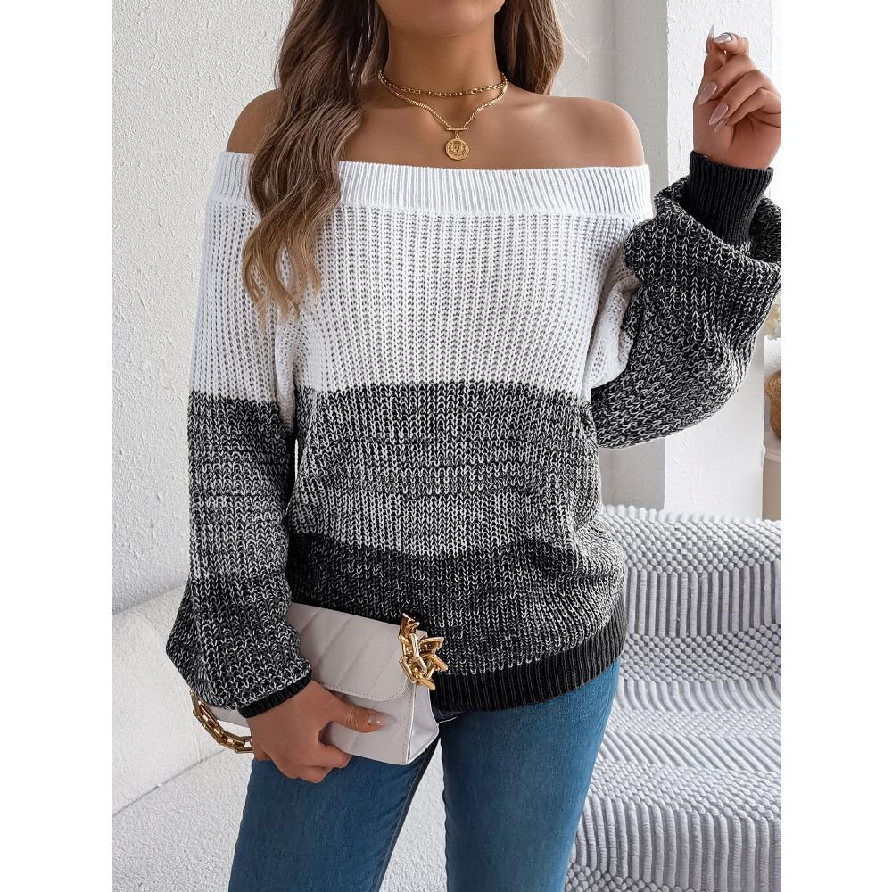 New Arrival Women's Oversized Casual Colour-Block Off-the-Shoulder Bell-Sleeve Pullover Knit Top
