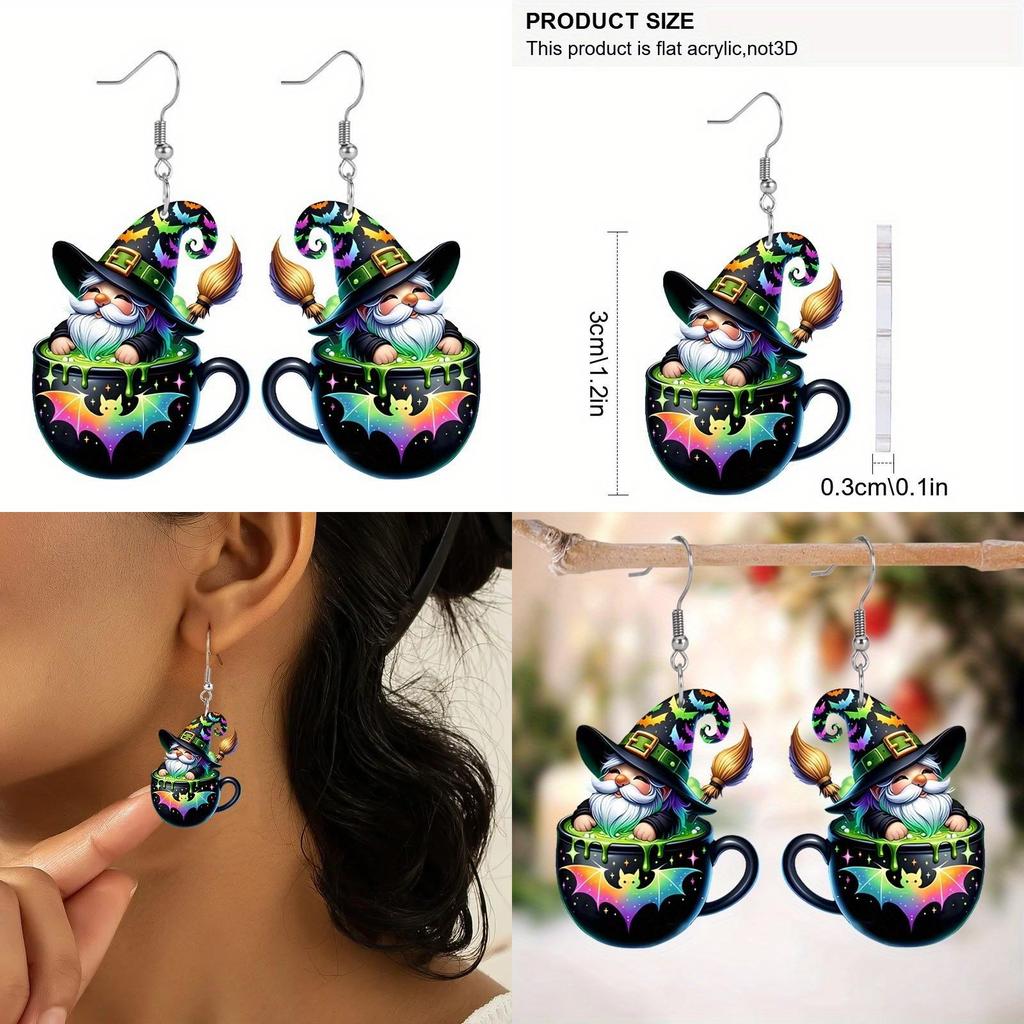 Halloween Tea Themed Cup Wizard Pattern Women Acrylic Earrings For Festival