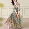 Dress Summer Loose Temperament Socialite French Waist Cinched Floral Seven Quarter Sleeve Long Skirt