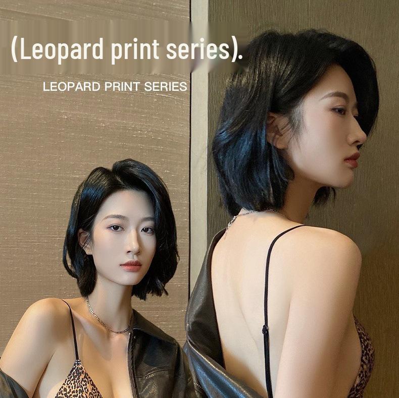 Leopard Print Wire-Free Deep V Lingerie Set - Women's Sexy Triangle Cup Spaghetti Strap Bra