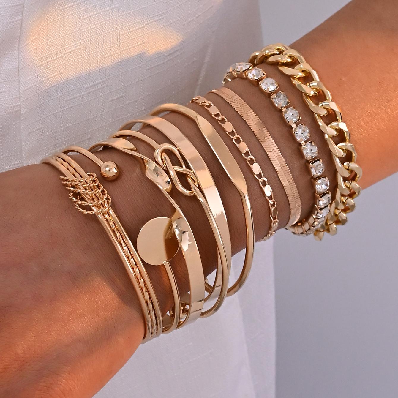 

10 Pcs/Set Fahsion Simple Gold Color Twist Texture Crystal Geometric Bangle Bracelet Set for Women Statement Jewelry Accessories