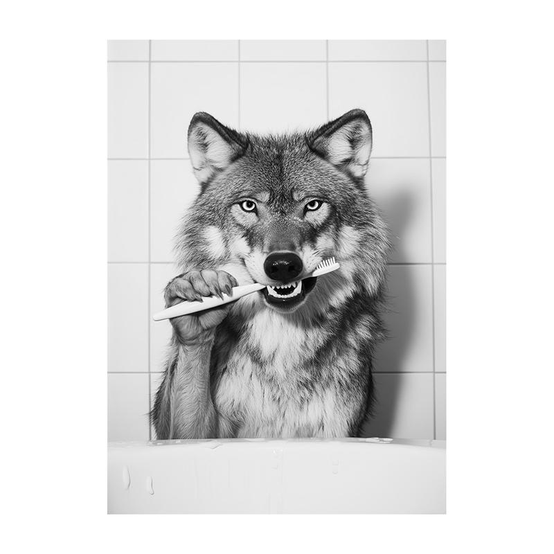 Black White Funny Bathroom Brushing Teeth Poster Vintage Style Animal Canvas Painting Print Wall Art Picture for Home Decoration