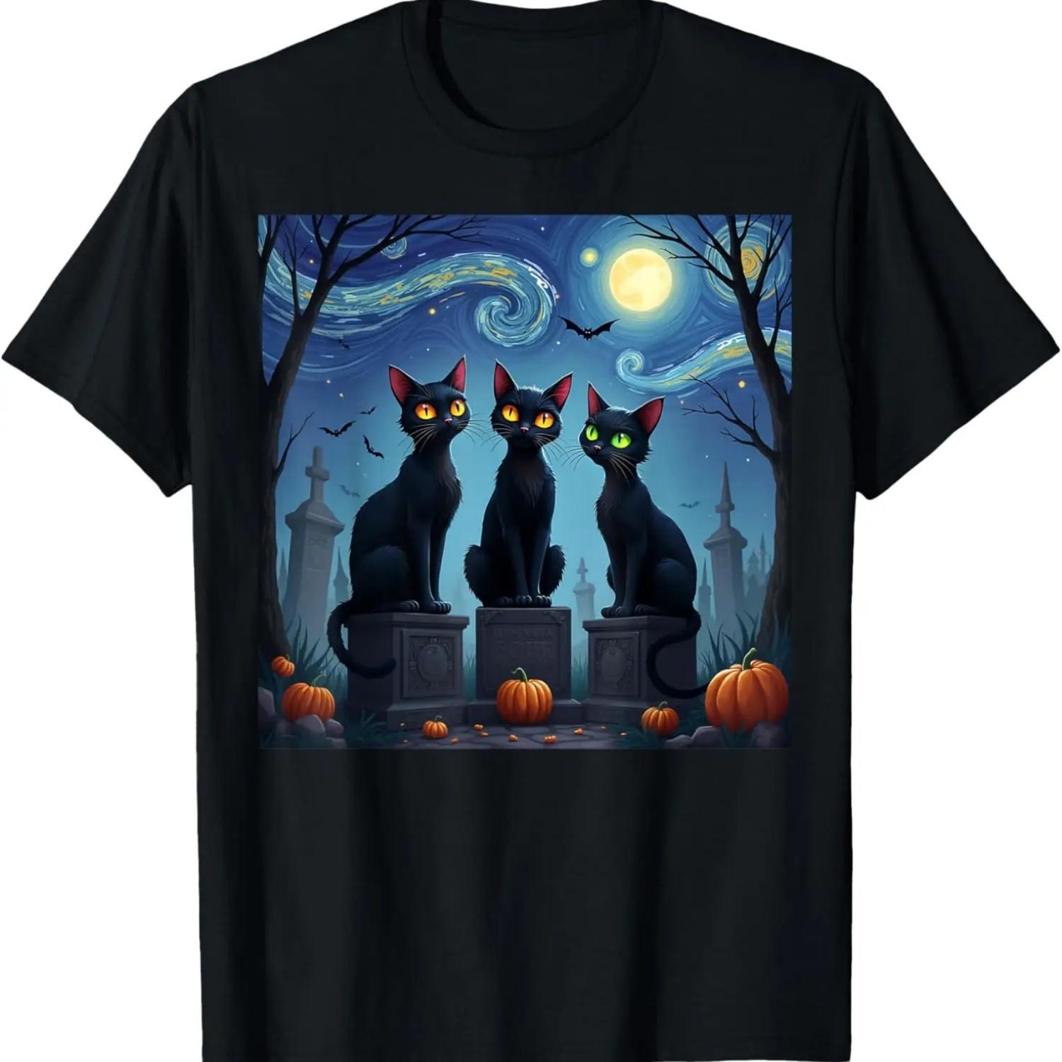 Black Cat Halloween Cat Lovers Starry Night Cat Van Gogh men T-Shirt S чёрный