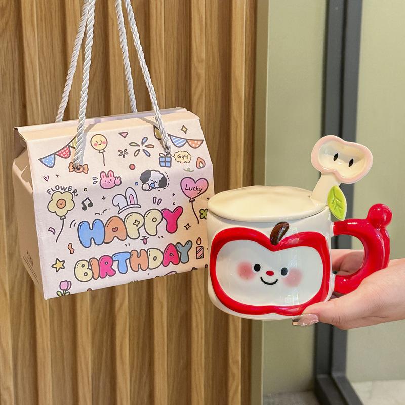 Gift Box for Girls, Cute Hand-painted Apple Ceramic Mug, Coffee Cup, Girlfriend Souvenir, Graduation Gift.
