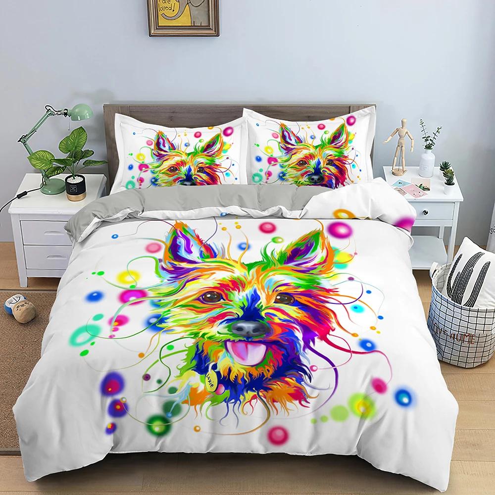 Watercolor Dog Bedding Set Cute Happy Colorful Puppy Duvet Cover Cartoon Bedding Decoration Queen for Women Children Girls Gift