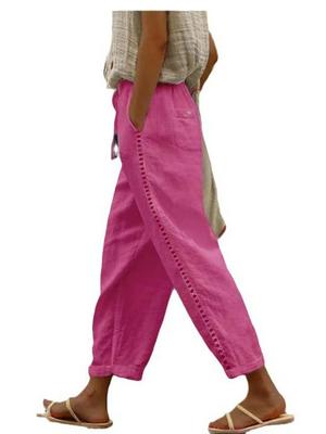 2023 Damen Sommer Baumwoll-Leinen Weitbein Hose mit Elastischem Bund und Spitzenripp-Detail