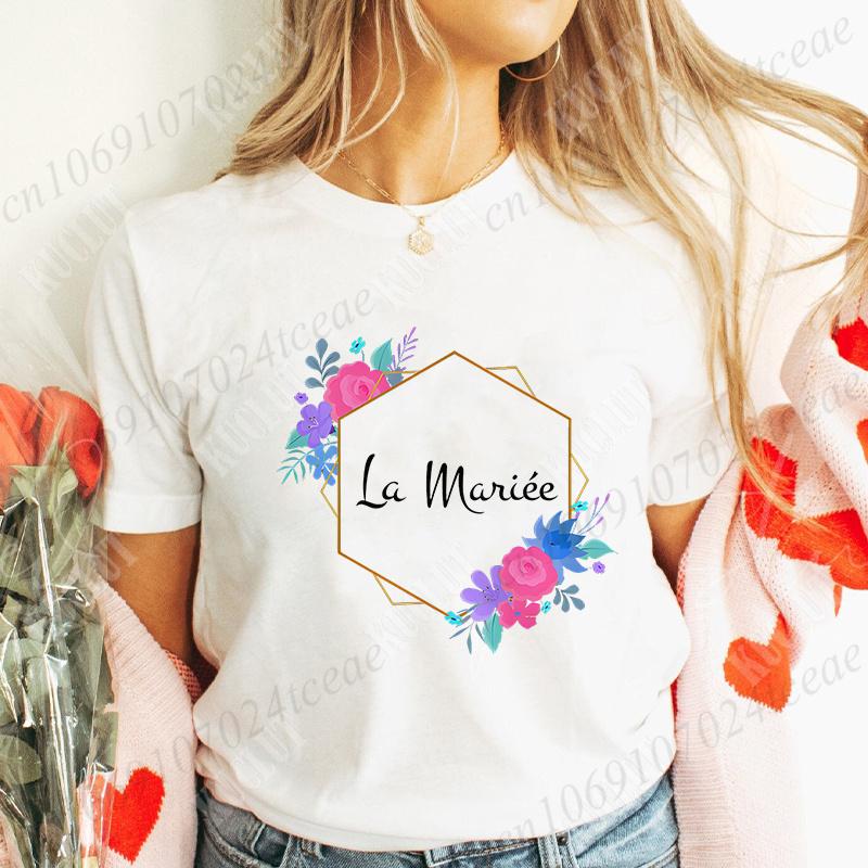 French Women Bridesmaid Team Bride Tshirt Bridal Shower Wedding Tshirt Bachelorette Evjf Party Tops Flower Crown Graphic Tees
