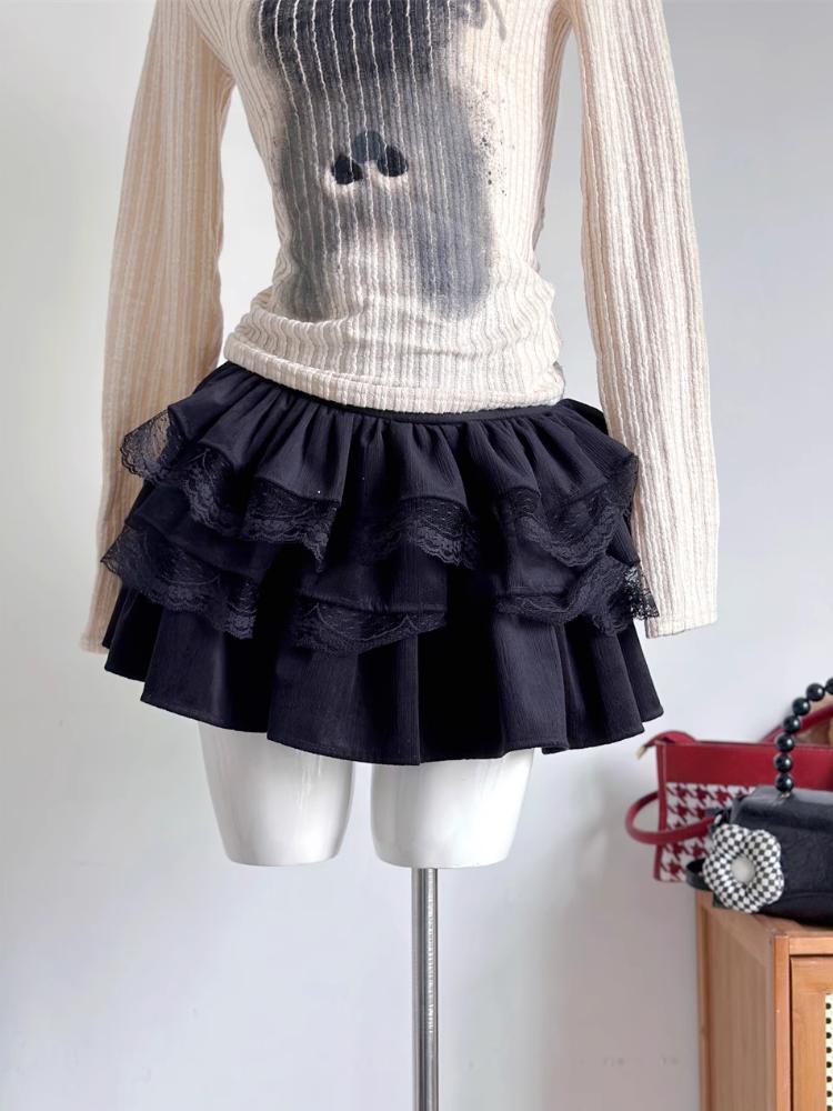 

Kawaii Sweet Mini Cake Юбка женская с высокой талией Корейская мода Повседневная кружевная лоскутная юбка трапециевидной формы с оборками в стиле Лолита S чёрный