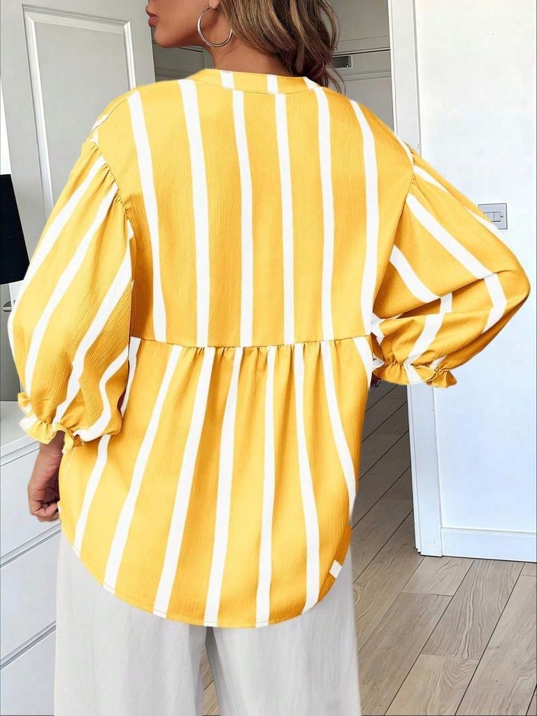 Womens Summer Striped Puff Sleeve Babydoll Blouse V Neck Loose Fit Top