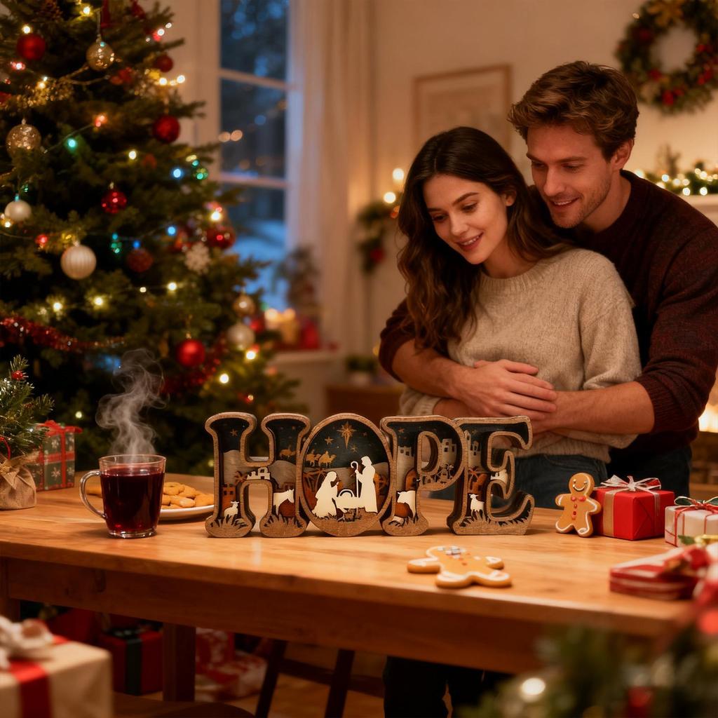 Julkrubba Figurer 3D Trä HOPP Bokstäver Dekorationer Religiös Juldekor För Spiselhyllor Kyrka Thanksgiving