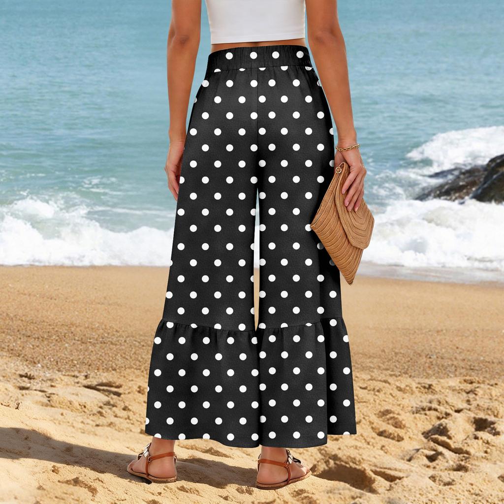 Damen Freizeithose mit weitem Bein, Stretch, Hoher Bund, Gerüschter Saum, Weite Beine, Mit Gürtel und Taschen