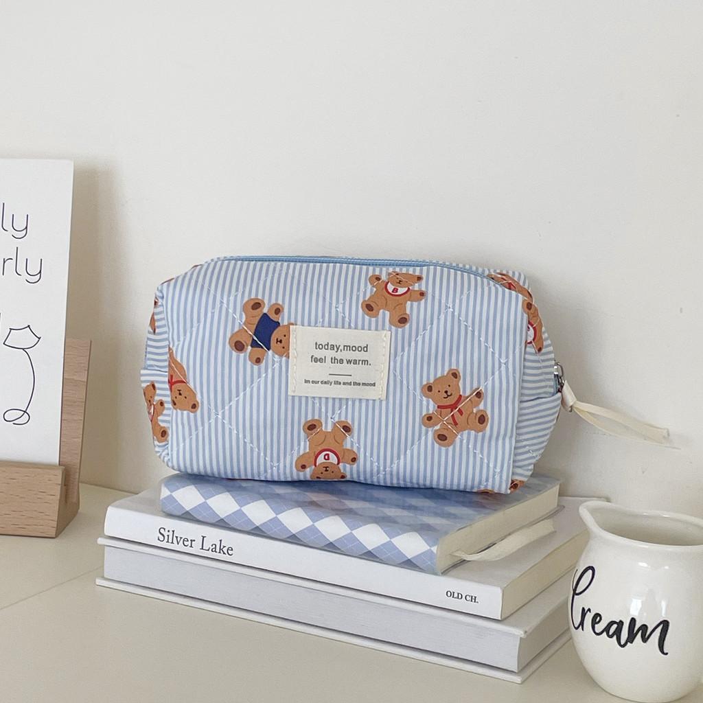 Blue Striped Bear Cosmetic Bag With Quilted Storage For Daily Use And Travel