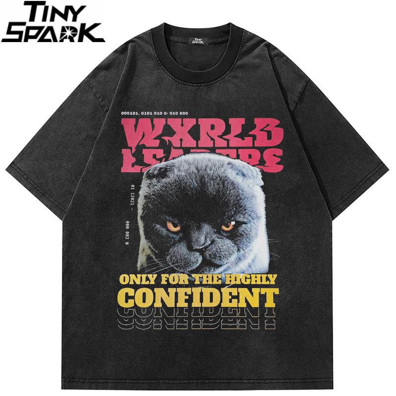 Men T Shirt Streetwear Hip Hop Oversize T Shirt Funny Graphic British Shorthair Cat Tshirt Faded Black Cotton Tops Tee Dope