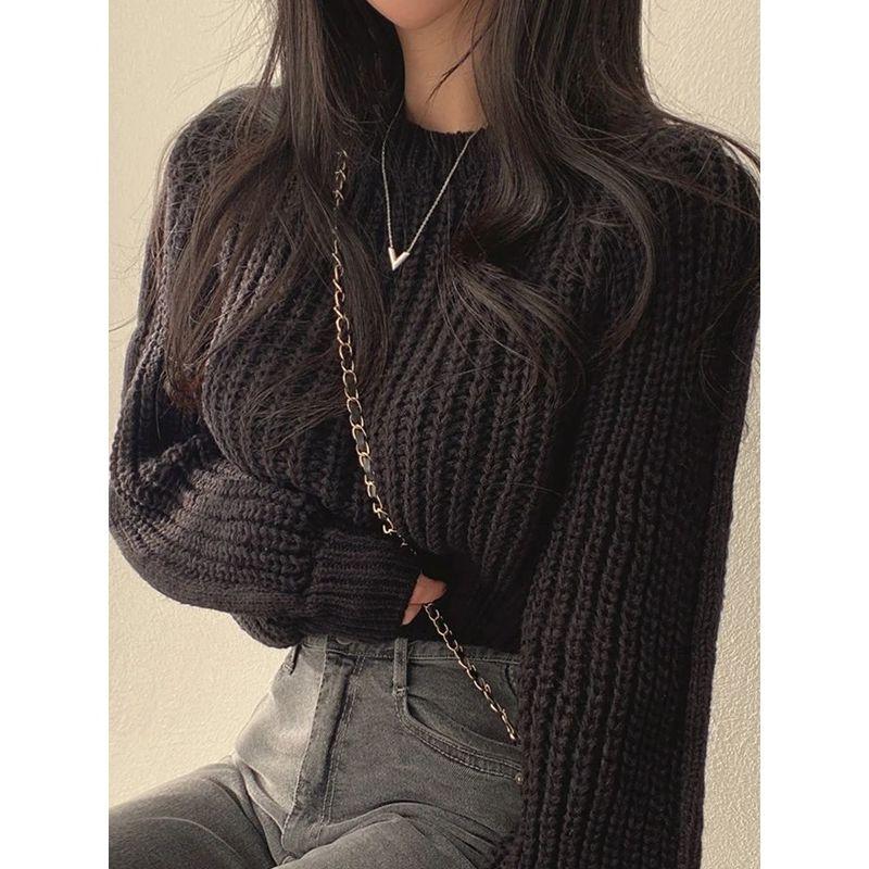 

Bubble Sleeve Round Neck Loose Sweater Pure Color Puff Sleeves Crew Neck Loose Sweater black One size