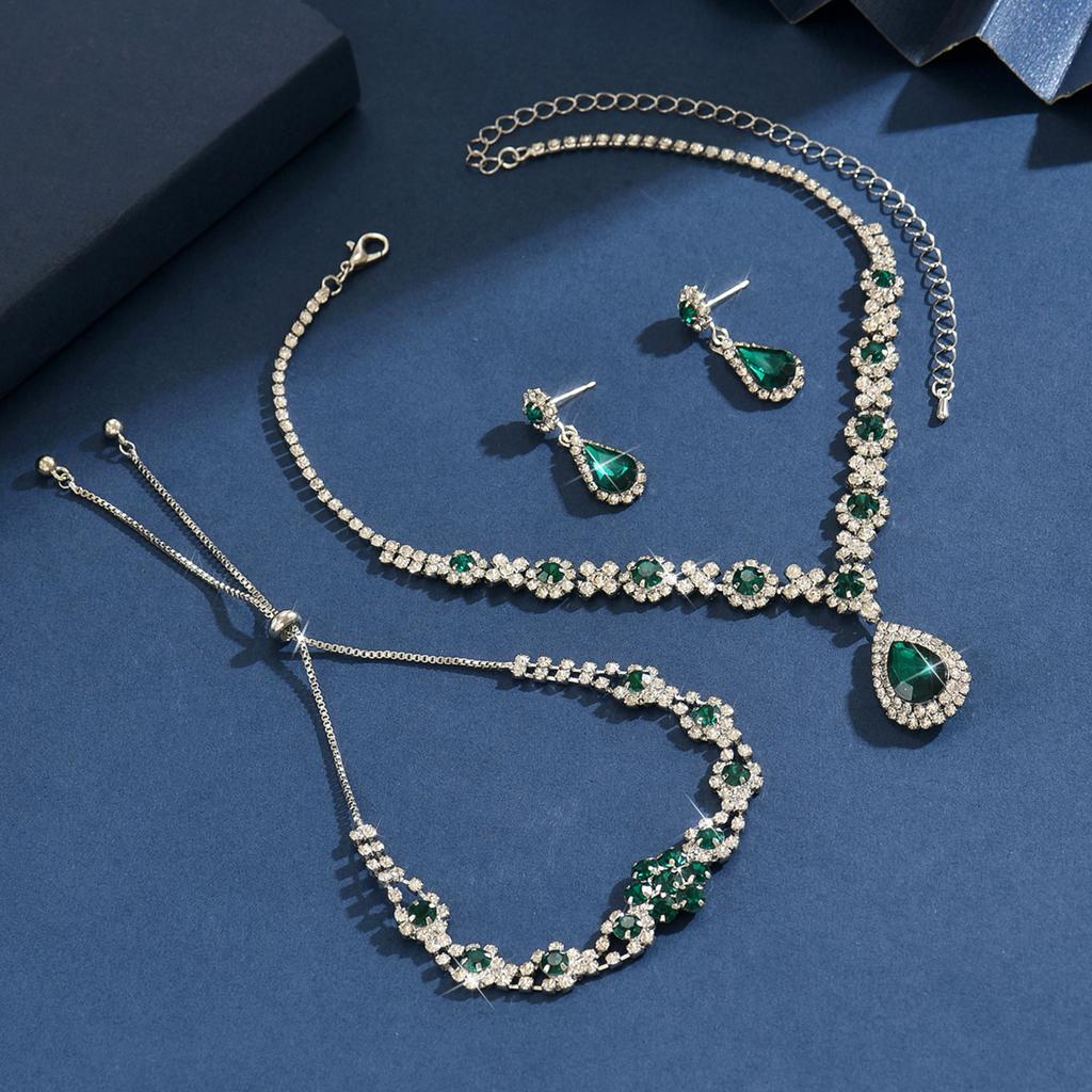 4PC Women's Fashion Waterdrop Geometric Flower Necklace Earrings Bracelet Zircon Set Design Versatile Zircon