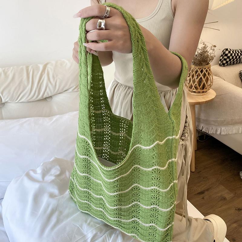 Knitted Large Capacity Stripe Pattern Crochet Tote Bag Beach Vacation Women's Hollow Shopping Shoulder Bags CLE