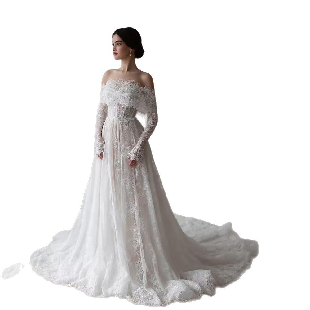Ein-Wort-Schulter leichtes Hochzeitskleid Damen klein lang und klein schleppend Hochzeitskleid Mori-Türkleid neu