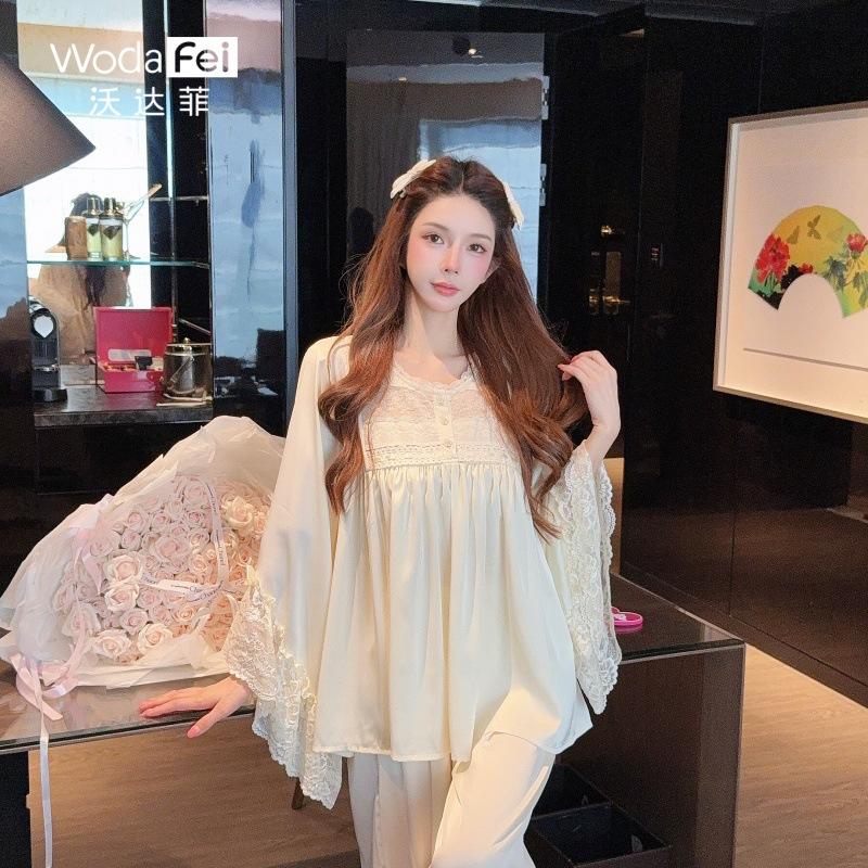 Princess style lace satin pajamas women's spring and autumn new court style doll shirt pajamas horn sleeves thin loungewear
