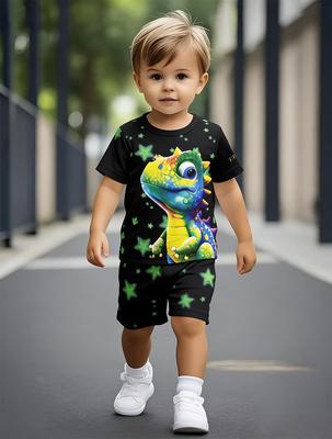 Toddler Boys Cool Colorful Dinosaur & Star Print 2-Piece Outfit, Summer Black Casual Clothes for Kids, Perfect for Playwear & Outdoor