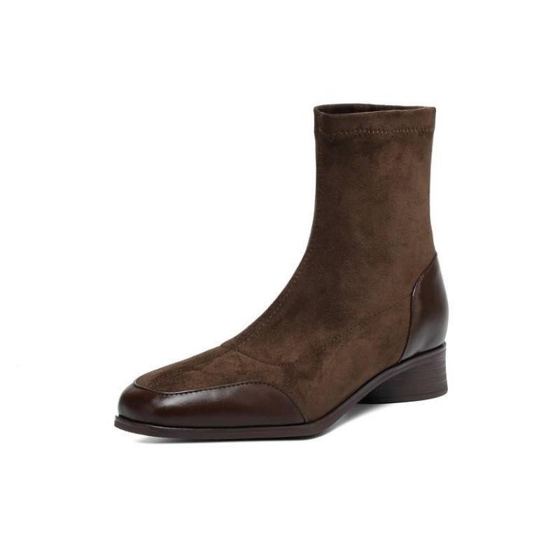 New Square Head Women's Large Size Martin Boots Solid Color Elastic Suede Low Heel Women's Boots Autumn and Winter Square Heel Medium Boots Women's