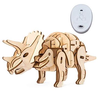 Puzzle 3D din Lemn Seria Dinozauri cu Instrucțiuni în Japoneză Tsukurundesu® Funcționează pe Baterii (D400 Triceratops)