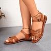 Fashion Women Sandals  Flat Heels Clip-toe Casual Rome Sandals  Summer Cross Narrow Band Ankle Buckle Strap Beach Shoes for Women