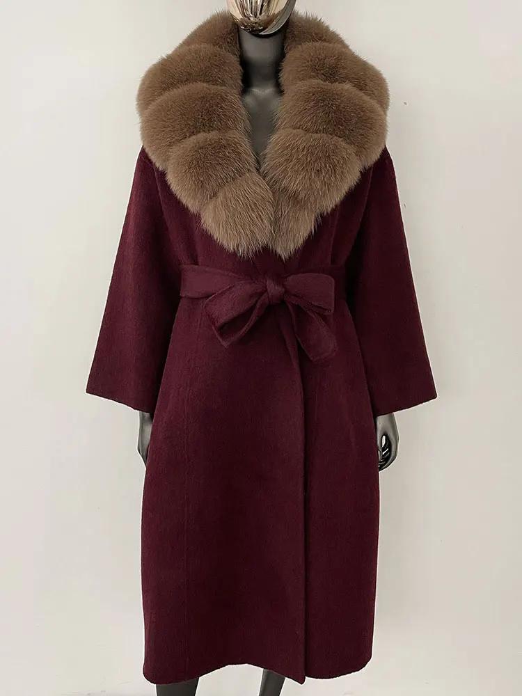 OFTBUY Kabát z pravé kožešiny 2024 Nadměrný dámský svrchní oděv Zimní dámská bunda s límcem z přírodní liščí kožešiny Kapuce Kašmírová vlněná směs Kabát