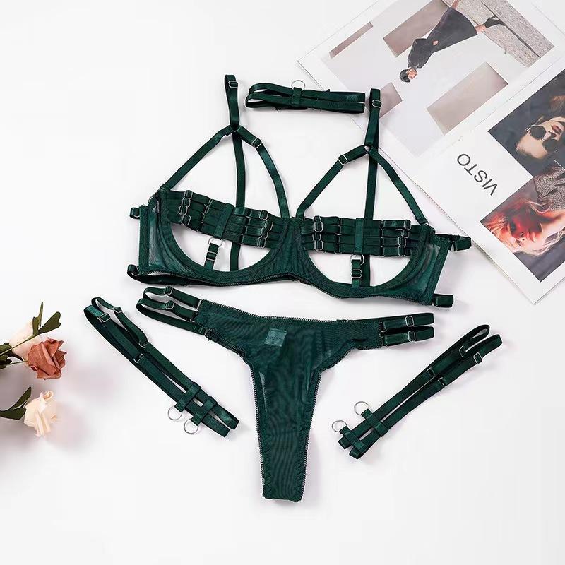 Sexy Purple Lingerie Set Hollow Out Bra Thong See Through Panties 4 Piece Erotic Underwear