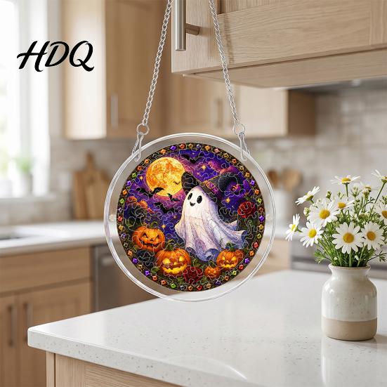 Colorful Light Catcher Acrylic Jigsaw Puzzle Suncatcher, Stained Glass Style Halloween Skeleton Ghost Suncatcher Sun for Gothic Window Wall