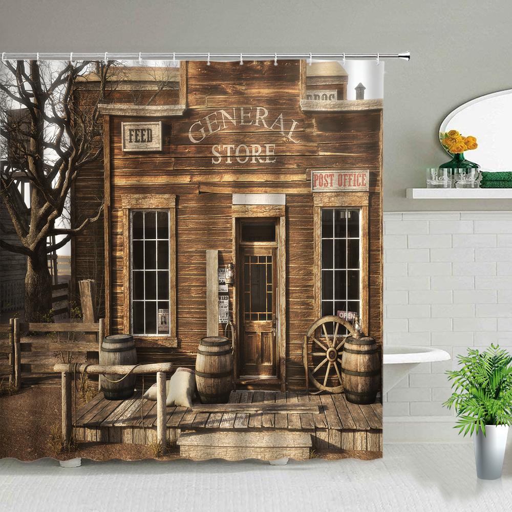 Retro Dřevěné Dveře Sprchový Závěs Sada Rustikální Starý Vintage Stodolové Dveře Látkové Koupelnové Závěsy Statek Koupelnová Dekorace Sprchové Zástěny Háček