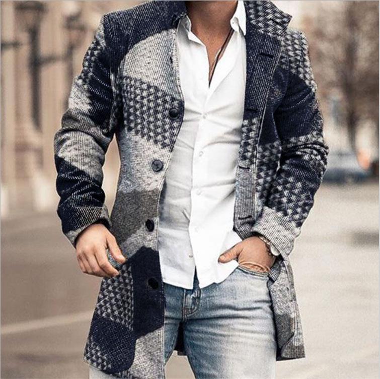 Men's Woolen Mid-Length Digital Print Coat - Autumn/Winter Collection