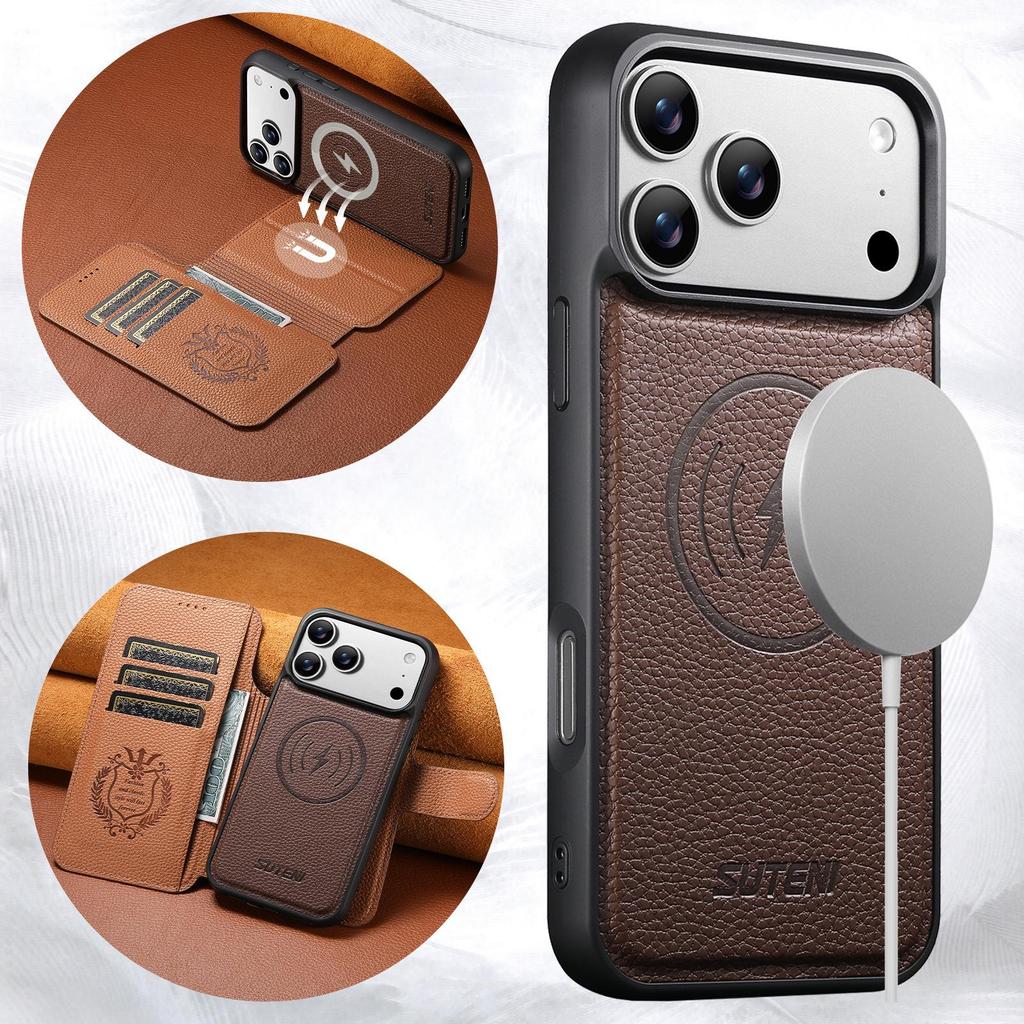 IPhone 17 Pro Flip-Hülle mit Kartenfach: Magnetisch, Kabelloses Laden, Zwei-in-Eins-Ständer, Farbblock-Leder.