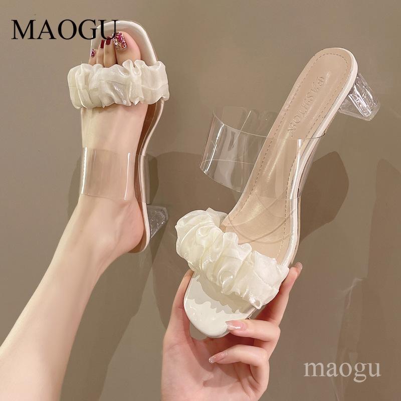 Women's Ruffled Clear Strap Heeled Mules Elegant Transparent Block Heel Sandals Slip-On Summer Fashion Slippers Pantuflas Mujer