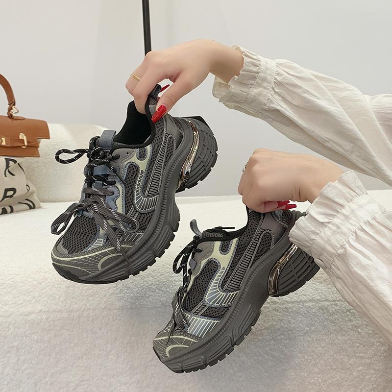 Fashion Women Sneakers Leather Mesh High Heels for Women Casual Lace Up Shoes Fashion Platform Shoes Trend 2025 Zapatos De Mujer