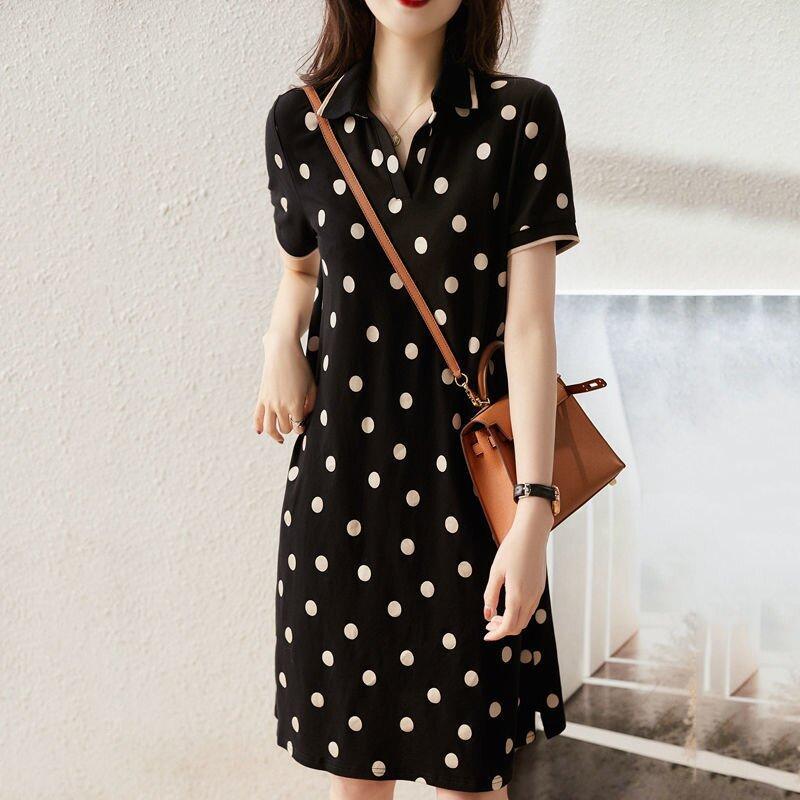 Contrasting Color Polka Dot Polo Dress for Women In Summer New Korean Style Slim Waist-hugging Black Midi Skirt