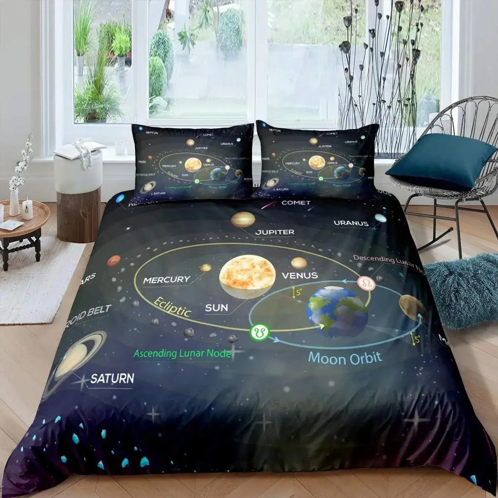 Solar System Bettbezug-Set Weltraum Galaxie Bettwäsche-Sets Universum Planeten Bettdeckenbezug Astronomie Steppdeckenbezug Queen-Size