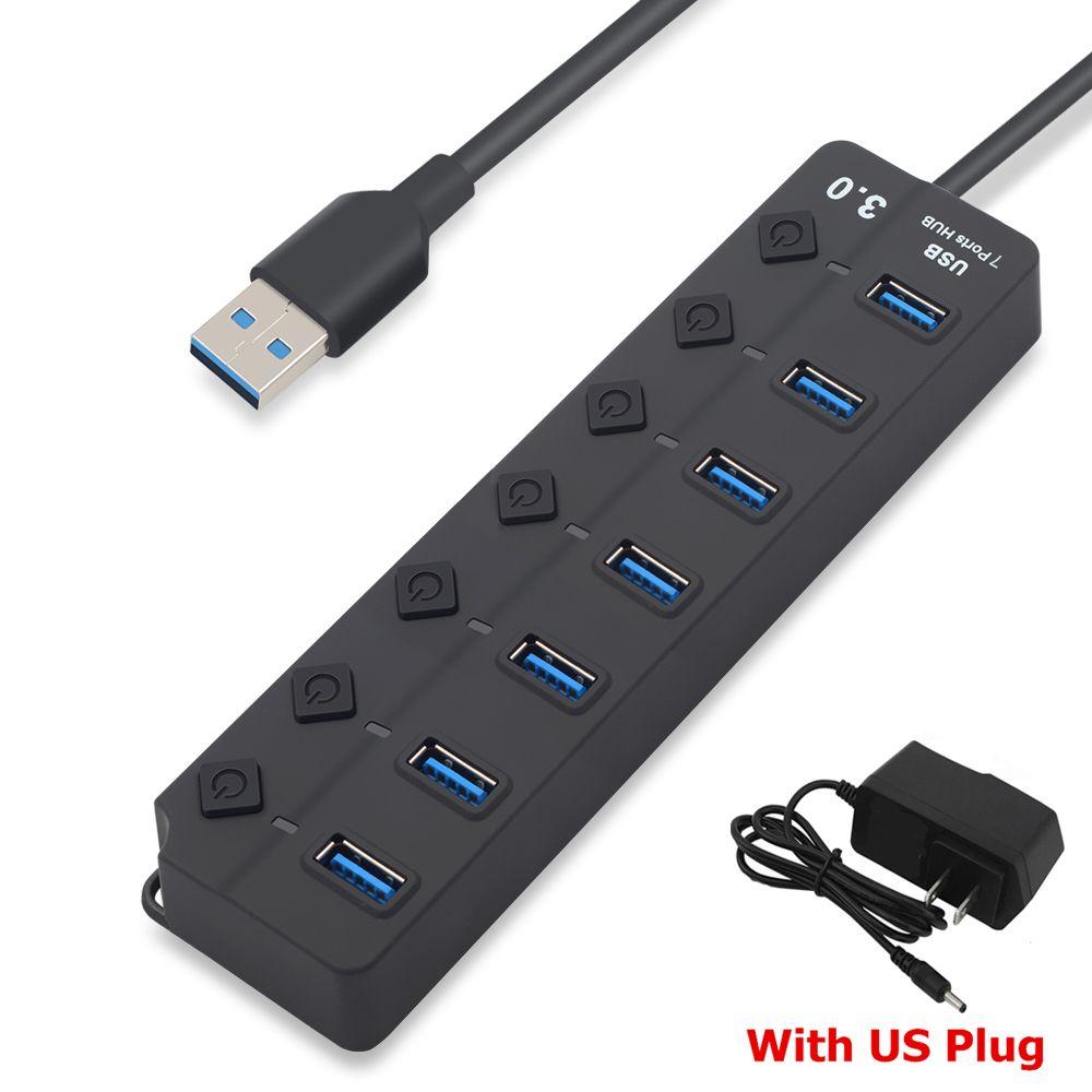 Plug and Play External High Speed 4/7 Ports Splitter with Power Adapter USB 3.0 Hub On/Off Switch