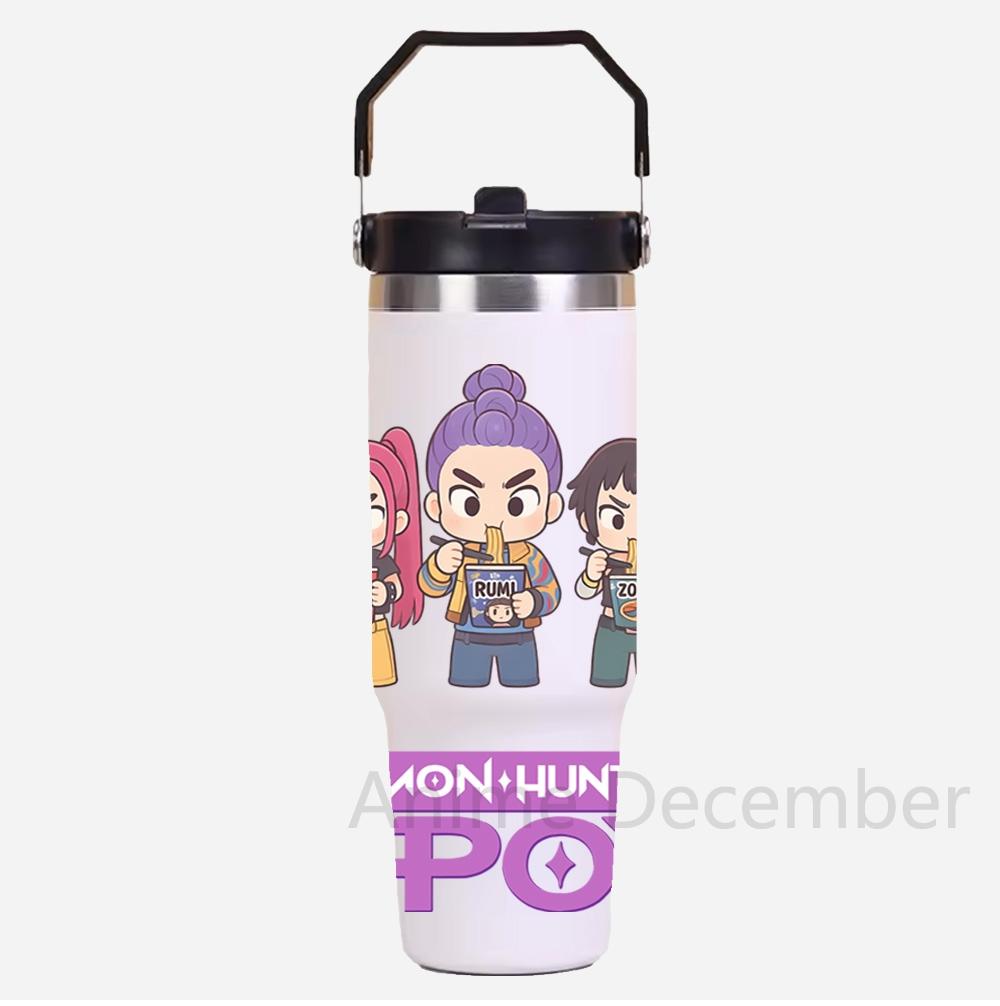30Oz K-Pop Portable Car Cup Stainless Steel Thermos Cup with Straw Travel Sports Water Bottle with Handle Cover Coffee Vacuum Flask