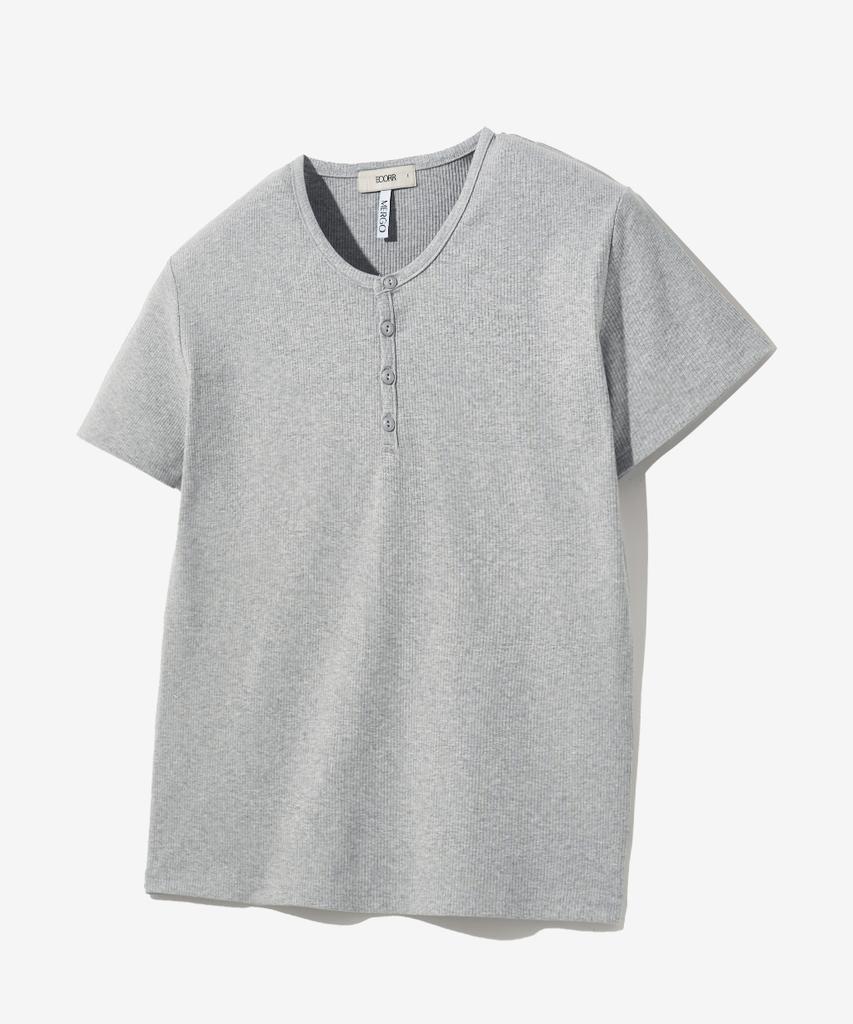 ECORR [Ecr X Mergo] Ribbed Round Henley Neck Short Sleeve T-Shirt : 4 Colors