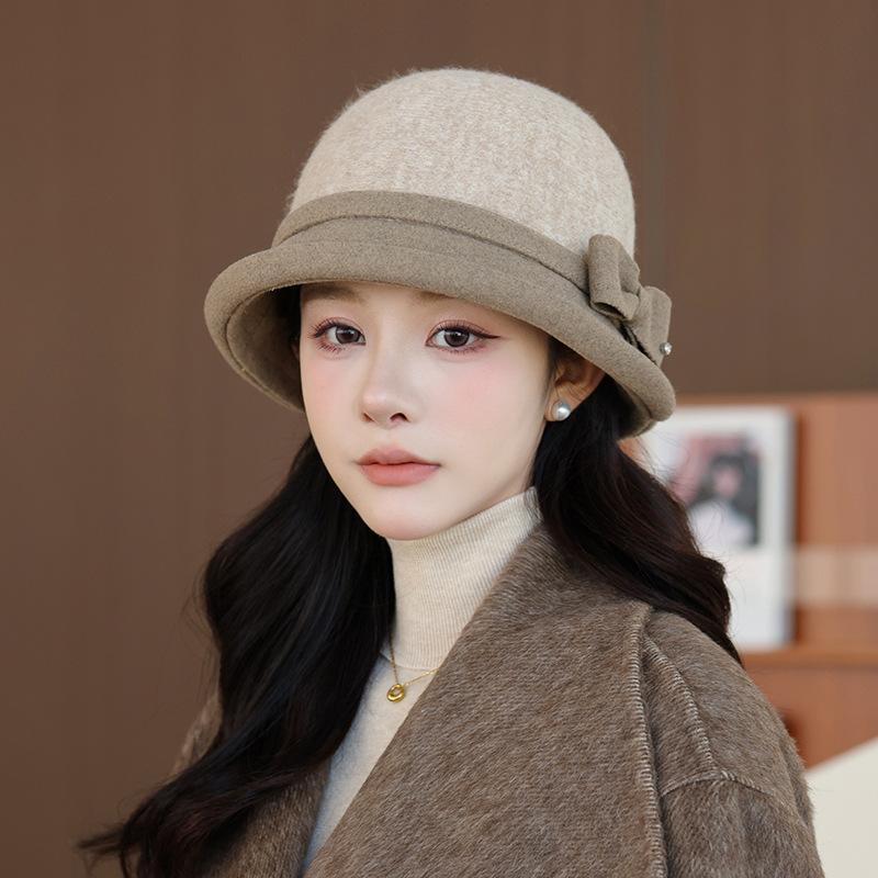 New Woolen Top Hat Bucket Hat Women's Retro Bow Fisherman Hat Autumn and Winter Elegant Basin Hat